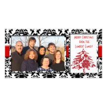Damasco negro y blanco con Felices Navidad del árb Plantilla Para Tarjeta De Foto