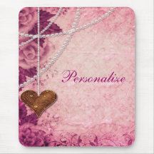 Damasco, perlas, corazón y rosas rosados Mousepad Tapete De Ratón