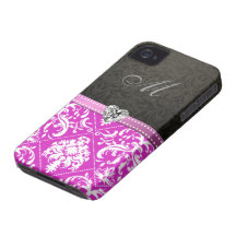 Damasco púrpura y negro elegante con el monograma iPhone 4 cobertura