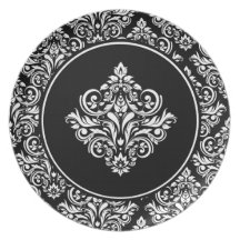 Damasco real con el emblema negro real del damasco platos para fiestas