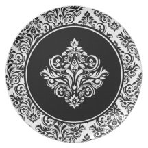 Damasco real con el emblema negro real del damasco platos de comidas