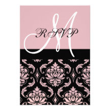 Damasco rosado negro que casa RSVP con inicial Anuncio Personalizado