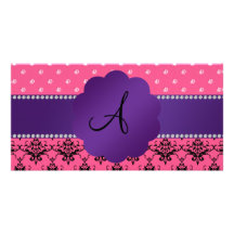 Damasco y diamantes rosados del monograma tarjeta con foto personalizada