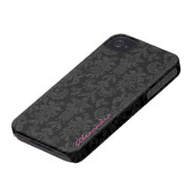 Damascos florales del vintage negro y gris oscuro iPhone 4 Case-Mate cobertura