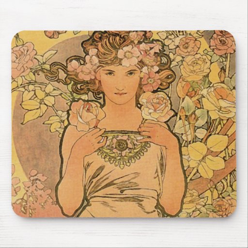 ~ de Alfons Mucha el color de rosa Alfombrilla De Raton