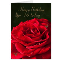 décimosexto Tarjeta de cumpleaños con un rosa rojo