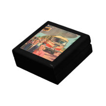 Depósito de autobús del vintage con los pasajeros  cajas de regalo