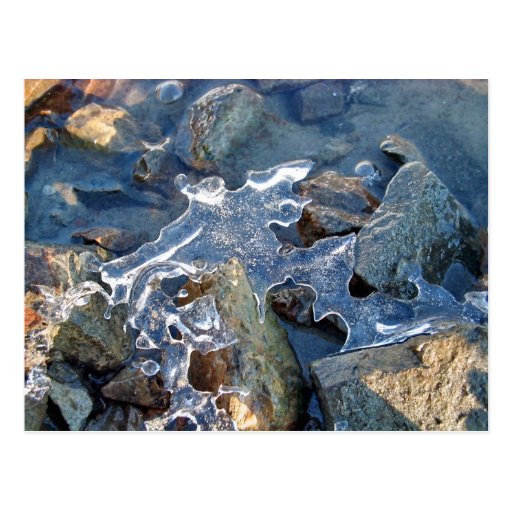 Detalle de la orilla del río congelada, hielo, pie postal