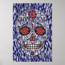 Día del cráneo muerto del azúcar - azul y rojo poster