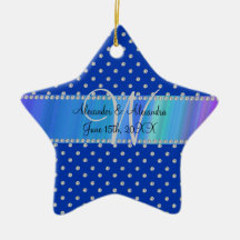 Diamantes del azul del monograma del boda ornaments para arbol de navidad