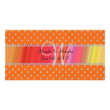 Diamantes del naranja del monograma del boda tarjetas fotográficas 