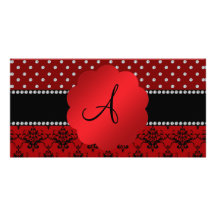 Diamantes rojos del rojo del damasco del monograma tarjeta fotografica personalizada