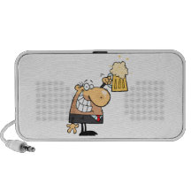 dibujo animado feliz del hombre que celebra con la mp3 altavoz