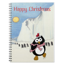 dibujo del pingüino del baile del dibujo animado e libro de apuntes con espiral