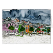 dibujo tropical del arte de las casas de playa tarjetón