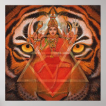 Diosa hindú Durga y poster del arte del tigre