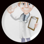 Doctor del dibujo animado con el tablero platos