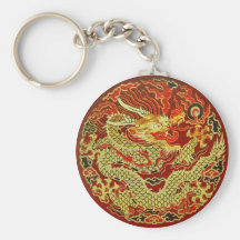 Dragón asiático de oro bordado en rojo oscuro llavero