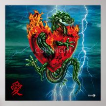 Dragon in love by a burning heart posterdruck