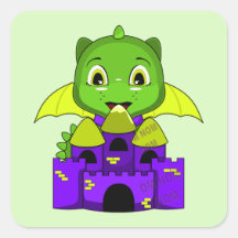 Dragón y castillo verdes y amarillos de Chibi Calcomanía Cuadradas Personalizada