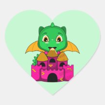 Dragón y castillo verdes y anaranjados de Chibi Pegatinas Corazon