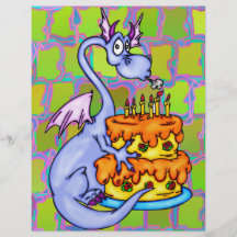 Dragón y torta de cumpleaños tarjeton