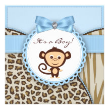 Ducha azul del bebé del mono de Brown Invitación Personalizada