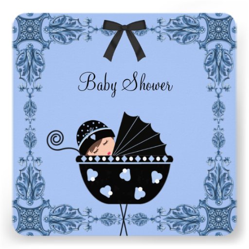 Ducha azul negra del bebé del damasco invitacion personalizada