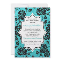 Ducha nupcial del damasco floral blanco del negro  invitaciones