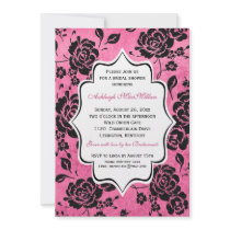 Ducha nupcial del damasco floral blanco negro rosa invitaciones