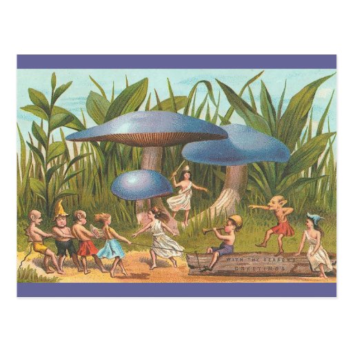 Duendes y hadas en postal de la tierra de la seta