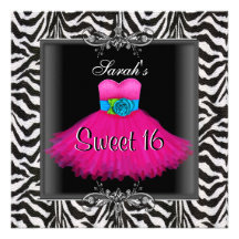 Dulce rosado dieciséis de la cebra vestido negro d invitaciones personalizada
