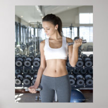 Ejercitando, gimnasio, deporte, mujer, cuidado del posters
