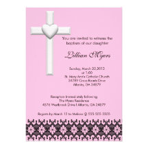 El bautismo del cordón/la cruz elegantes rosados d invitacion personalizada