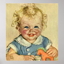 El bebé rubio lindo del rizo del vintage sonríe co posters
