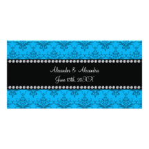 El boda favorece el damasco azul tarjeta fotografica personalizada