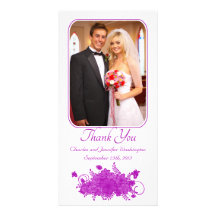 El boda floral elegante púrpura le agradece photoc tarjetas personales con fotos