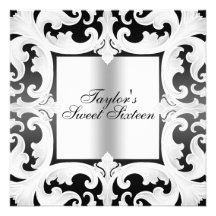 El cumpleaños negro/blanco del diseño del damasco  invitación personalizada