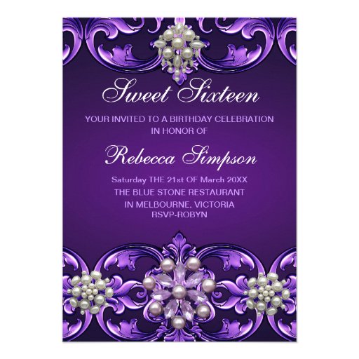 El cumpleaños púrpura del dulce 16 del damasco y d invitacion personalizada