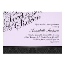 El damasco elegante púrpura y negro Sweet16 invita Anuncio Personalizado