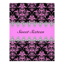 El damasco rosado y negro elegante Sweet16 invita Invitaciones Personales