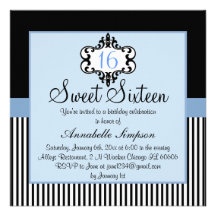 El dulce elegante azul y negro elegante 16 invita invitaciones personalizada