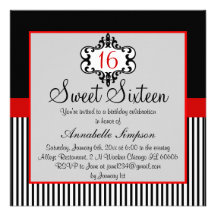 El dulce elegante rojo y negro elegante 16 invita comunicado personalizado