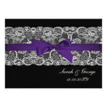 El falso boda negro púrpura del cordón y de la cin invitacion personalizada