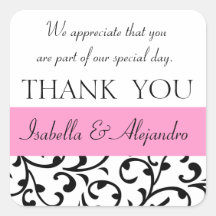 El favor negro rosado del boda le agradece mensaje pegatinas cuadradases personalizadas