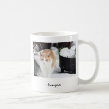 El gato en jardín nevoso, le ama taza