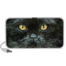El gato negro con oro observa el altavoz