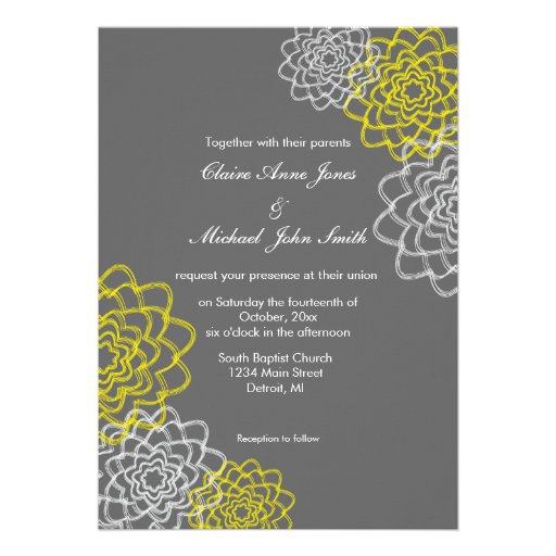 El gris/el casarse bosquejado amarillo de las flor invitacion personalizada