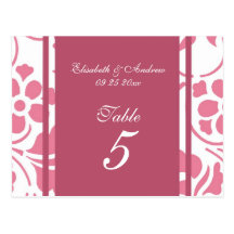El número de la tabla del boda carda rosa y blanco postal