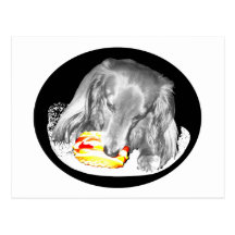 El perrito caliente ataca el cheeseburger tarjeta postal